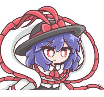 Rule 34 | 1girl, :<, ascot, black hat, black skirt, bow, bright pupils, capelet, closed mouth, commentary, frilled capelet, frilled shawl, frills, hand on headwear, hat, hat bow, looking at viewer, nagae iku, purple hair, red ascot, red bow, red eyes, shawl, shirt, short hair, signature, simple background, skirt, solo, touhou, upper body, white background, white capelet, white pupils, white shirt, yoriyori