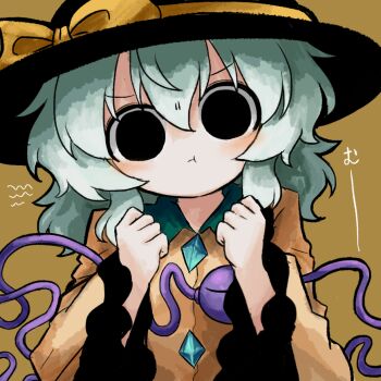 Rule 34 | 1girl, :t, black eyes, black hat, bow, buttons, clenched hands, closed mouth, collared shirt, commentary request, diamond button, empty eyes, eyeball, frilled sleeves, frills, green hair, hair between eyes, hat, hat bow, heripantomorrow, komeiji koishi, long sleeves, looking at viewer, pout, shirt, simple background, solo, third eye, touhou, translation request, upper body, wide sleeves, yellow background, yellow bow, yellow shirt