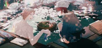 Rule 34 | 2boys, absurdres, aizendai, animal hat, aotsuki eito, bath yukata, can, chinese commentary, commentary request, drink can, flip-flops, glasses, grey hair, hat, highres, holding, holding can, japanese clothes, kimono, looking at another, male focus, multicolored hair, multiple boys, no shirt, onsen, partially submerged, red hair, sandals, short hair, soda can, squatting, streaked hair, sumino takumi, the hundred line -last defense academy-, towel, unworn eyewear, watermark, yukata