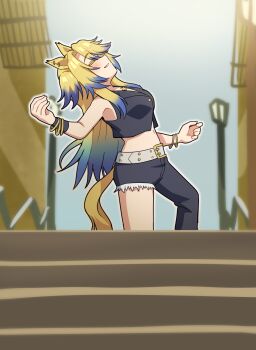 1girl animal_ears asymmetrical_clothes batman_(series) black_pants blonde_hair blue_hair bracelet closed_eyes colored_tips commentary_request day dc_comics gradient_hair head_back highres horse_ears horse_girl horse_tail jewelry joker_(2019) long_hair midriff multicolored_hair navel obey_your_master_(umamusume) outdoors pants parted_lips single_pantsleg smile solo stairs standing tail takiki two-tone_hair umamusume umamusume:_cinderella_gray very_long_hair