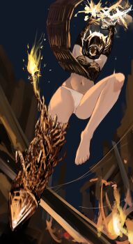 1girl absurdres apron arms_up black_apron bomb_devil_(chainsaw_man) chainsaw_man dynamite eru_aise explosive highres incoming_attack knee_up midair navel night object_head outdoors panties solo sparks underwear white_panties