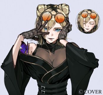 Rule 34 | 1girl, belt, black belt, black gloves, black kimono, black streaks, blonde hair, blue eyes, bug, butterfly, closed eyes, commentary request, cone hair bun, copyright name, double bun, earrings, glasses, gloves, grey background, hair bun, hands on own face, hands up, highres, hololive, hololive dev is, insect, japanese clothes, jewelry, kimono, koganei niko, koganei niko (new year), lace, lace gloves, looking at viewer, maturimu66, obi, off shoulder, official alternate costume, official alternate hairstyle, official art, open mouth, orange-tinted eyewear, sash, see-through cleavage, see-through clothes, simple background, slit pupils, straight-on, swept bangs, tinted eyewear, virtual youtuber, wide sleeves