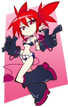 1girl absurdres black_bow black_gloves border bow bright_pupils choker colored_shoe_soles commentary demon_girl demon_tail demon_wings disgaea earrings elbow_gloves etna_(disgaea) expressionless full_body gloves gradient_background highres jewelry long_pointy_ears looking_at_viewer makai_senki_disgaea mini_wings navel o-ring o-ring_choker okitya panty_&amp;_stocking_with_garterbelt_(style) pointy_ears red_background red_eyes red_hair red_tail red_wings simple_background skull_earrings solo tail thighs twintails white_border white_pupils wings