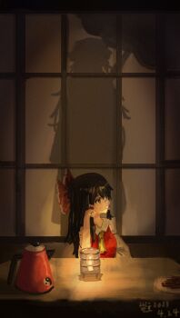 1girl absurdres artist_name ascot bow brown_eyes brown_hair closed_mouth collared_shirt cup dated detached_sleeves different_shadow expressionless frilled_bow frilled_hair_tubes frills hair_bow hair_tubes hakurei_reimu hand_on_own_cheek hand_on_own_face highres indoors long_hair looking_to_the_side parasol plate red_bow red_shirt ribbon-trimmed_sleeves ribbon_trim shadow shirt shouji sidelocks sleeveless sleeveless_shirt sliding_doors teapot touhou umbrella white_sleeves woshijuezhu yakumo_yukari yellow_ascot yin_yang yin_yang_print yunomi