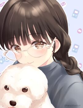 1girl absurdres animification blunt_bangs blush braid brown_eyes brown_hair closed_mouth dog game_boy game_boy_(original) glasses grey_sweater hanazora_satsuki handheld_game_console highres kurusu_rin looking_at_viewer mole mole_under_eye real_life smile solo super_famicom_gamepad sweater tamagotchi tamagotchi_(classic) tamagotchi_(virtual_pet) twitter_username upper_body virtual_pet_(toy) voice_actor