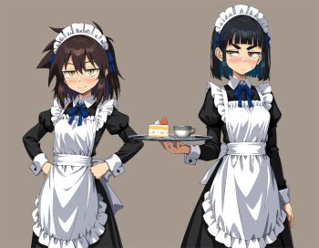 2girls abigail_ellison alternate_costume apron black_dress black_hair blue_ribbon blush breasts brown_background brown_eyes brown_hair cake closed_mouth commentary_request cowboy_shot cup dress enmaided food frilled_apron frills fruit hands_on_own_hips haruka_naru_enkei_sekai heterochromia highres holding holding_tray inui_koi long_sleeves looking_at_another looking_at_viewer maid maid_apron maid_headdress medium_breasts messy_hair multiple_girls neck_ribbon onimushi_hyogo ribbon ribbon_hair shironagasu-tou_e_no_kikan short_hair simple_background small_breasts smile standing strawberry sweatdrop thick_eyebrows tray white_apron yellow_eyes
