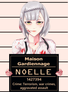 1girl absurdres blood blood_on_face genshin_impact highres kanzatitties mugshot noelle_(genshin_impact)