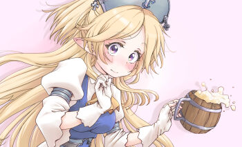 1girl alcohol ascot beer beer_mug blonde_hair breasts commentary_request cup elf embarrassed highres mug orange_ascot parted_bangs pointy_ears princess_connect! purple_eyes simple_background solo tankard une upper_body yukari_(princess_connect!)