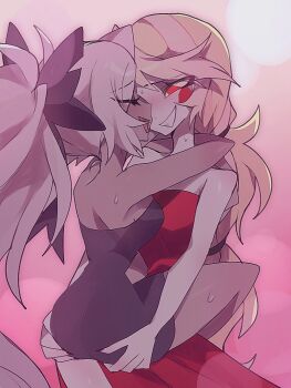 2girls bare_shoulders black_bow black_dress black_nails blonde_hair bow charlie_morningstar circle_facial_mark colored_sclera colored_skin couple dress hair_bow hazbin_hotel hellaverse hug leg_lock lifting_person multiple_girls ponytail red_dress red_eyes smile strapless strapless_dress toma_01415 vaggie white_skin yellow_sclera yuri