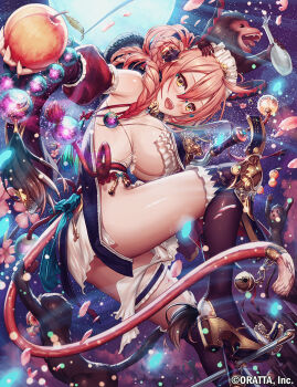 1girl animal_ears bell black_thighhighs blush boots braid breasts cat cat_ears cat_tail chloris_garden company_name detached_sleeves female_focus flower food frills fruit full_moon glasses headdress high_heel_boots high_heels knee_pads large_breasts long_hair mana_(remana) monkey moon open_mouth peach pink_hair rimless_eyewear seiten_(chloris_garden) sky smile solo star_(sky) starry_sky tail thighhighs watermark yellow_eyes