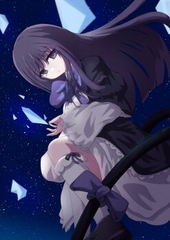 Rule 34 | 1girl, absurdres, black dress, black shoes, blue eyes, bow, bowtie, cat tail, closed mouth, commentary, dress, dutch angle, empty eyes, expressionless, floating hair, frederica bernkastel, frilled dress, frilled socks, frills, from below, gothic lolita, grey eyes, highres, hime cut, kakera, kneehighs, layered dress, layered sleeves, leg up, lolita fashion, long hair, long sleeves, looking at viewer, multicolored eyes, puffy sleeves, purple bow, purple bowtie, purple hair, shoes, sky, socks, solo, space, standing, star (sky), starry sky, tail, tail bow, tail ornament, tastas, two-tone eyes, umineko no naku koro ni