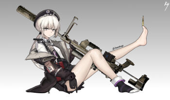 1girl ahoge balancing balancing_on_leg beret black_gloves black_hat black_necktie black_skirt bolt_action cheyanne_(girls&#039;_frontline_2) chinese_commentary closed_mouth collared_shirt commentary english_commentary feet full_body girls&#039;_frontline girls&#039;_frontline_2:_exilium gloves grey_background gun hat highres jacket kuroinu9 looking_at_viewer m200_(girls&#039;_frontline) mixed-language_commentary necktie open_clothes open_jacket pleated_skirt purple_eyes rifle shirt simple_background single_bare_foot single_sock sitting skirt sniper_rifle socks solo suppressor toes torn_clothes torn_jacket weapon white_hair white_shirt