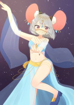 1girl animal_ears belly_chain commentary dancing edamanecha grey_hair harem_outfit highres jewelry looking_at_viewer midriff mouse_ears mouse_girl navel nazrin see-through_clothes short_hair solo thighs touhou veil
