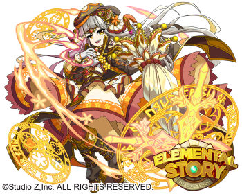 Rule 34 | 1girl, awakened noin, blunt bangs, closed umbrella, commentary request, copyright name, copyright notice, dress, edamame senpai, elemental story, full body, gloves, grey hair, holding, holding umbrella, long hair, looking at viewer, magic circle, official art, open mouth, solo, umbrella, veil, white dress, white gloves