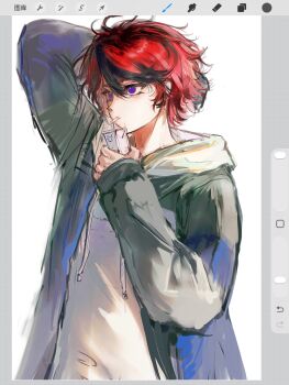 1boy art_program_in_frame black_hair black_jacket blue_eyes drawstring drinking hair_between_eyes highres holding holding_juice_box hood hood_down hoodie jacket jacket_over_hoodie juice_box male_focus multicolored_hair open_clothes open_jacket procreate_(medium) procreate_(software) red_hair sanpaku short_hair sleeves_past_wrists solo streaked_hair sumino_takumi the_hundred_line_-last_defense_academy- two-tone_hair upper_body variant_set white_hoodie yanrenxi20831