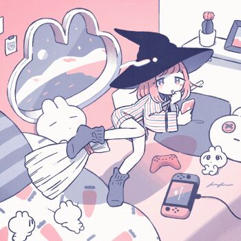 1girl :o animal_print animated animated_gif bed bedroom black_hat blanket blinking blunt_bangs blush_stickers broom broom_riding button_eyes buttons cable cactus carrot_print cellphone controller creature eyes_visible_through_hair film_grain flower_pot flying food_print from_side full_body full_moon game_controller handheld_game_console hands_up hat holding holding_phone indoors keke_(kotowari) limited_palette long_sleeves looking_at_viewer lying medium_hair moon multicolored_eyes night nintendo_switch no_nose no_shoes on_side original pajamas parted_lips phone photo_(object) picture_frame pillow pink_eyes pink_hair plant playstation_controller potted_plant purple_eyes purple_socks rabbit rabbit_print room shadow shelf signature smartphone socks solo star_(sky) striped_clothes striped_pajamas stuffed_animal stuffed_rabbit stuffed_toy swept_bangs tareme vertical_stripes wide_sleeves window wing_collar witch witch_hat |_|