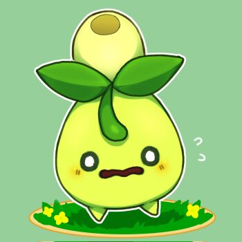 animal_focus aqua_background blush flower flying_sweatdrops full_body grass green_theme highres light_blush narvi nintendo no_humans open_mouth outline pokemon pokemon_(creature) simple_background smoliv solo standing wavy_mouth white_eyes white_outline yellow_flower