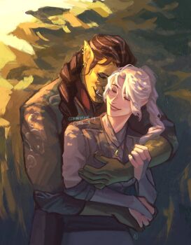 Rule 34 | 2girls, absurdres, alternate costume, baldur's gate, baldur's gate 3, colored skin, commentary, commission, cymk 8, dungeons & dragons, dungeons &amp; dragons, english commentary, grabbing another's breast, green skin, groping, height difference, highres, hug, hug from behind, multiple girls, orc, pointy ears, scar, scar on face, shadowheart (baldur's gate), tav (baldur's gate), white hair, yuri