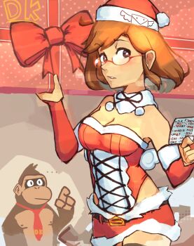 ... 1girl :| alternate_costume ape bare_shoulders body_fur breasts bridal_gauntlets bright_pupils brown_eyes brown_fur brown_hair carrying cleavage closed_mouth clothing_cutout cowboy_shot detached_collar donkey_kong donkey_kong_(series) donkey_kong_country dress elbow_gloves expressionless fur-trimmed_dress fur-trimmed_gloves fur-trimmed_headwear fur-trimmed_skirt fur_collar fur_trim gift glasses gloves gorilla hand_up hands_up hat highres hip_vent holding holding_gift holding_paper index_finger_raised light_blush looking_at_viewer mini_wings necktie nikki_(swapnote) nintendo note paper parted_bangs parted_lips red-framed_eyewear red_gloves red_necktie santa_costume santa_dress santa_hat semi-rimless_eyewear short_hair skirt solo_focus strapless strapless_dress swapnote vortexexe3 white_pupils wings