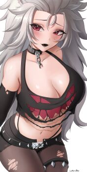 1girl absurdres artist_name belt black_belt black_collar black_lips black_sleeves blush breasts chain cleavage closed_mouth collar collarbone detached_sleeves grey_hair highres long_hair navel pantyhose pink_eyes shadow solo stomach tank_top torn_clothes torn_pantyhose torn_tank_top velvet_noir virtual_youtuber vshojo white_background zentreya zentreya_(werewolf)