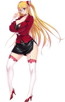 1girl aoi_nagisa_(metalder) blonde_hair breasts cleavage curvy enhanced female_focus formal_clothes full_body garter_belt garter_straps glasses green_eyes high_heels highres kosaka_shizuru large_breasts lilith-soft long_hair looking_at_viewer official_art shiny_skin side_slit skirt skirt_suit smile solo suit taimanin_(series) taimanin_yukikaze taimanin_yukikaze_2 thighhighs two_side_up white_thighhighs