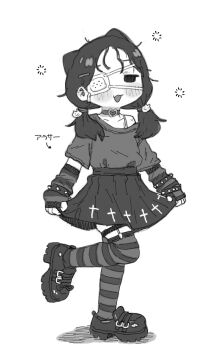 1girl animal_ears artist_self-insert blush cat_ears choker commentary_request eyepatch fang goth_fashion gothic_punk greyscale highres long_hair low_twintails monochrome original possi_(possummachine) possummachine simple_background skin_fang thighhighs twintails white_background
