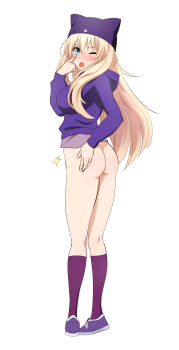 1girl 2025 absurdres ass back blonde_hair blue_eyes blush bottomless breasts character_request commission hand_on_own_ass hat highres hood hoodie komatsu_(sakanae) large_breasts long_hair looking_at_viewer no_panties pixiv_commission purple_hat purple_hoodie purple_shoes purple_thighhighs saijaku_muhai_no_bahamut shoes solo standing taunting thighhighs tongue tongue_out white_background