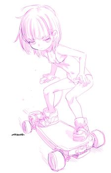 1girl bend bent_over bikini breasts controller highres holding holding_controller messy_hair mudou_eichi navel original shoes short_hair skateboard skateboarding small_breasts sneakers solo swimsuit white_background