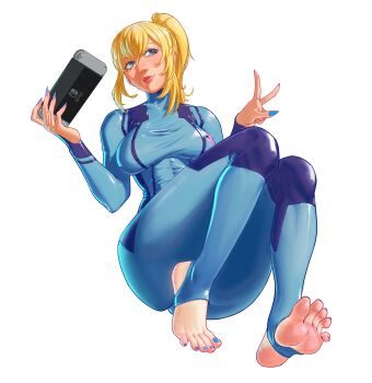 1girl absurdres ass barefoot blonde_hair blue_eyes bodysuit breasts feet highres large_breasts long_hair metroid mole mole_under_mouth nail_polish nintendo nintendo_switch ponytail reiss_art samus_aran soles solo stirrup_legwear toeless_legwear toes v zero_suit