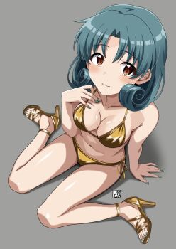 Rule 34 | 1girl, aqua hair, armpit crease, bikini, blush, breasts, brown eyes, closed mouth, collarbone, commentary, feet, from above, full body, gold bikini, gold sandals, green nails, grey background, hand up, highres, idolmaster, large breasts, looking at viewer, medium hair, nail polish, navel, on ground, parted bangs, ponpon, sandals, side-tie bikini bottom, signature, simple background, sitting, solo, strappy heels, swimsuit, toenail polish, toenails, toes, tokugawa matsuri