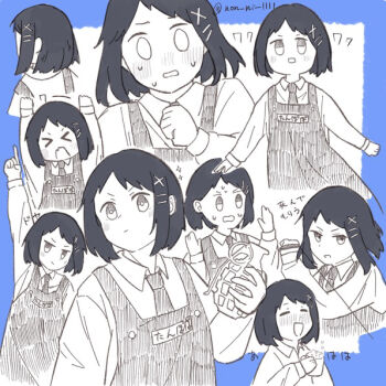 &gt;_&lt; 1girl ^_^ alcohol apron arms_up blush bob_cut bradley_hana closed_eyes collared_shirt cup drinking explosive grenade hair_ornament hairpin holding holding_grenade inverted_bob jitome long_sleeves multiple_views name_tag necktie non_ni_1111 o_o pointing pointing_up sake shirt solo_focus twitter_username two-tone_background youchien_wars