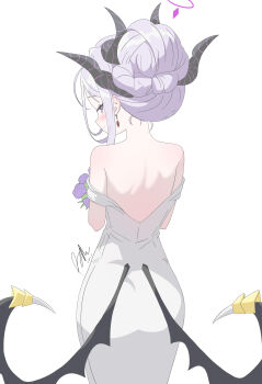 1girl absurdres blue_archive blush breasts demon_girl demon_horns demon_wings dress halo highres hina_(blue_archive) horns looking_at_viewer low_wings purple_eyes runarie simple_background small_breasts solo standing white_background white_hair wings