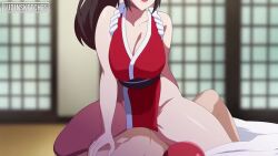 1boy 1girl animated artist_name bare_shoulders blurry blurry_background bouncing_breasts breasts brown_eyes brown_hair cleavage clothed_female_nude_male cowgirl_position fatal_fury girl_on_top hetero high_ponytail indoors japanese_clothes large_breasts long_hair looking_at_viewer ludinsketches lying matching_hair/eyes moaning musi_cassie naughty_face nsfw_sonia_va nude on_back open_mouth pelvic_curtain penis ponytail pov pov_crotch sex shiranui_mai smile snk solo_focus sound straddling teeth the_king_of_fighters uncensored vaginal video