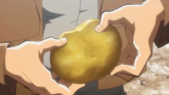 2girls 6+boys animated animated_gif anime_screenshot backlighting bald blue_sky cloud food food_on_face keith_shadis lowres multiple_boys multiple_girls non-web_source potato sasha_blouse sharing sharing_food shingeki_no_kyojin sky smile sweatdrop uniform