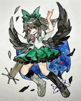 Rule 34 | 1girl, :d, arm cannon, arm up, asymmetrical footwear, black socks, black wings, blue cape, bow, cape, collared shirt, commentary request, control rod (touhou), feathered wings, feathers, full body, green bow, green skirt, grey shoes, hair bow, highres, index finger raised, key747h, kneehighs, looking at viewer, mismatched footwear, open mouth, painting (medium), puffy short sleeves, puffy sleeves, red eyes, reiuji utsuho, shirt, shoes, short sleeves, simple background, skirt, smile, socks, solo, third eye, touhou, traditional media, two-sided cape, two-sided fabric, weapon, white background, white cape, white shirt, wings
