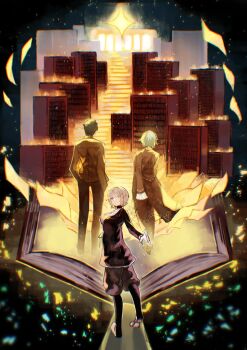 1boy 2girls angela_(project_moon) blue_eyes book bookshelf breasts commentary_request faust_(project_moon) highres large_breasts library_of_ruina limbus_company looking_at_viewer looking_back multiple_girls open_book paper project_moon roland_(project_moon) short_hair standing starhoshi white_hair