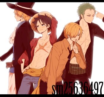 Rule 34 | 4boys, ^ ^, ascot, black coat, black hair, black hat, blonde hair, blue shirt, brown gloves, closed eyes, coat, collared shirt, commentary request, curly eyebrows, gloves, green hair, hand on own face, hand on own hip, haramaki, hat, komomo1214, letterboxed, male focus, monkey d. luffy, multiple boys, one piece, orange shirt, roronoa zoro, sabo (one piece), sanji (one piece), sash, scar, scar across eye, scar on face, shirt, short hair, sideburns, smile, stitched torso, stitches, straw hat, white ascot, white background, yellow sash