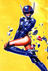 Rule 34 | 1980s (style), 1girl, armor, ass, body armor, bottomless, breasts, bubblegum crisis, butt crack, character request, commentary, cropped, damaged, debris, english commentary, glint, highres, lips, looking at viewer, machinery, mecha, official art, oldschool, painting (medium), power armor, priscilla asagiri, promotional art, retro artstyle, robot, scan, science fiction, tony takezaki, traditional media, undressing