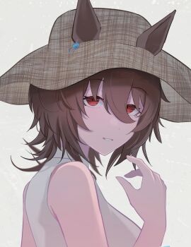 Rule 34 | 1girl, agnes tachyon (umamusume), brown hair, chemical structure, commentary request, ear ornament, earrings, ears through headwear, hand up, hat, highres, jewelry, parted lips, red eyes, sei (bigaa), shirt, short hair, simple background, single earring, sleeveless, sleeveless shirt, smile, solo, straw hat, sun hat, turtleneck, turtleneck shirt, umamusume, white background, white shirt