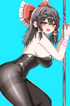 1girl absurdres bdsm black_hair black_leotard black_pantyhose blue_background bondage bound bow breasts hair_bow hair_tubes hakurei_reimu highres kiui_(dagk8254) large_breasts leotard long_hair open_mouth pantyhose pole red_bow red_eyes restrained simple_background smile solo strapless strapless_leotard stripper_pole touhou
