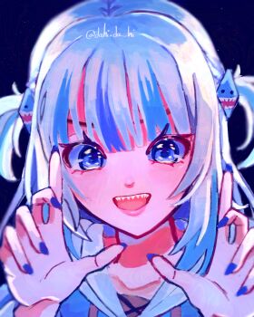 animal_costume animal_hood blue_eyes blue_hoodie blue_sky dahi.da_hi gawr_gura gawr_gura_(1st_costume) hands_up highres hololive hololive_english holomyth hood hoodie multicolored_eyes multicolored_hair shark_costume shark_hood shark_tooth sky virtual_youtuber