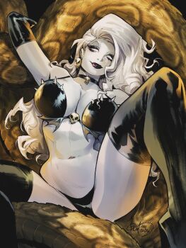 1girl artist_name black_boots black_bra black_choker black_gloves black_panties blank_eyes boots bra breasts choker colored_skin earrings elbow_gloves gloves highres jewelry lady_death lady_death_(character) large_breasts long_hair looking_at_viewer mirka_andolfo navel panties signature sitting skull_earrings snake solo thigh_boots underwear white_hair white_skin