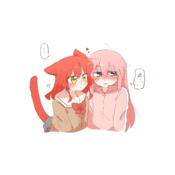 ... 2girls animal_ears black_skirt blue_eyes blush bocchi_the_rock! bow cat_ears cat_girl cat_tail commentary_request full-face_blush gotoh_hitori heart jacket kita_ikuyo long_hair looking_to_the_side multiple_girls pink_hair pink_jacket rebecca_(keinelove) red_bow red_hair school_uniform shuka_high_school_uniform simple_background skirt sparkling_eyes tail tail_under_clothes white_background yellow_eyes yuri