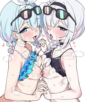 2girls arona_(blue_archive) bare_arms bare_shoulders bikini bikini_top_lift black_choker black_hairband blue_archive blue_eyes blue_pupils blunt_ends blush bow bow_hairband braid breast_press breasts breasts_out choker clothes_lift collarbone colored_inner_hair commentary cum cum_on_body cum_on_breasts cum_on_upper_body eyewear_on_head facial frilled_bikini frills from_side grey_eyes hair_bow hair_over_one_eye hair_over_shoulder hairband highres holding_hands interlocked_fingers long_hair looking_at_viewer low_twin_braids medium_hair multicolored_hair multiple_girls nipples official_alternate_costume official_alternate_hairstyle open_mouth pale_skin parted_bangs pink_hair pink_pupils plana_(blue_archive) puffy_nipples rong_hui ruffle_bikini saliva saliva_trail shiny_skin side_braid sidelocks sideways_glance simple_background small_breasts sunglasses sweat swimsuit symmetrical_docking tongue tongue_out twin_braids upper_body white_background white_bow white_choker white_hair