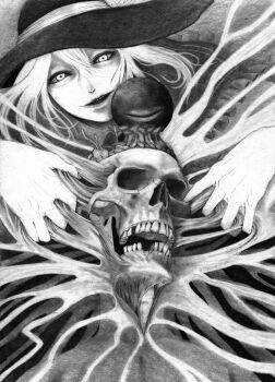 1girl comiket_96 commentary_request corpse greyscale guro hair_between_eyes hane_(azelye) hat komeiji_koishi long_hair looking_at_viewer monochrome open_mouth skull smile solo teeth third_eye touhou traditional_media upper_body