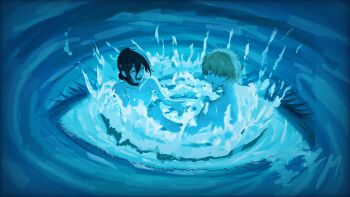 1boy 1girl black_choker black_hair blonde_hair chainsaw_man choker closed_eyes denji_(chainsaw_man) hair_between_eyes hair_bun highres mccheese open_mouth partially_submerged pool reze_(chainsaw_man) short_hair splashing water
