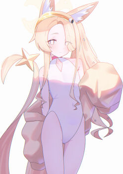 1girl absurdres animal_ears bare_shoulders blonde_hair blue_archive blush choker cleavage_cutout clothing_cutout collarbone covered_navel flat_chest fox_ears fox_tail groin hair_over_one_eye halo highres jacket light_smile loli long_hair looking_at_viewer one-piece_swimsuit open_clothes open_jacket sainarohh seia_(blue_archive) seia_(swimsuit)_(blue_archive) side_ponytail solo swimsuit tail thighs visor_cap white_one-piece_swimsuit yellow_eyes yellow_halo yellow_jacket