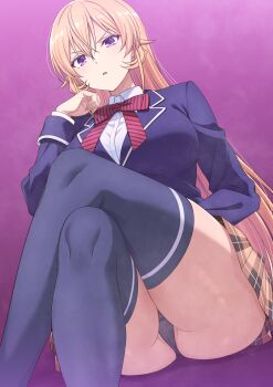 1boy 1girl absurdres black_panties blazer blonde_hair blue_jacket blue_thighhighs bow bowtie breasts brown_skirt commentary commentary_request crossed_legs english_commentary from_below hair_between_eyes highres jacket large_breasts long_hair looking_at_viewer mibushiro mixed-language_commentary nakiri_erina open_mouth panties pantyshot partially_visible_vulva plaid_clothes plaid_skirt purple_background purple_eyes school_uniform shirt shokugeki_no_souma sitting skirt solo striped_bow striped_bowtie striped_clothes thighhighs thighs tootsuki_saryou_ryouri_gakuen_uniform underwear white_shirt