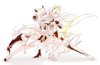 2girls ahoge animal_ears bakanachos black_gloves black_thighhighs blue_eyes breasts closed_mouth coat commentary corset dancing detached_sleeves dress ear_covers english_commentary gentildonna_(regina_dei_fiori)_(umamusume) gentildonna_(umamusume) gloves hair_between_eyes highres holding_hands horse_ears horse_girl horse_tail limited_palette long_hair long_sleeves multiple_girls orfevre_(control)_(umamusume) orfevre_(umamusume) parted_lips red_eyes skirt smile tail thighhighs umamusume white_background white_gloves