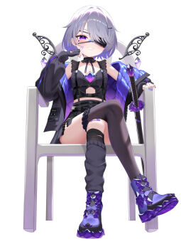 1girl bandaid bandaid_on_face bandaid_on_knee bandaid_on_leg bandaid_on_nose black_jacket black_shirt black_skirt black_thighhighs chair chest_jewel commentary crossed_legs detached_wings english_commentary eyepatch fingerless_gloves gem gloves grey_hair highres hololive hololive_english jacket jewel_under_eye katana koseki_bijou koseki_bijou_(casual) metal_wings monobloc_(chair) official_alternate_costume on_chair purple_eyes purple_gem purple_shoes quilted_jacket shirt shoe_soles shoes simple_background single_leg_warmer single_thighhigh sitting skirt solo sword thighhighs tomato_(sword) two-sided_fabric two-sided_jacket virtual_youtuber weapon white_background white_clover_(unfy8472) wings